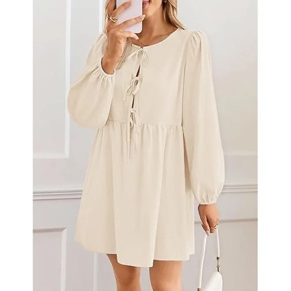 NWT Women's Dress Fall Long Puff Sleeve Self Tie Front Babydoll A Line Dress S - Picture 3 of 9